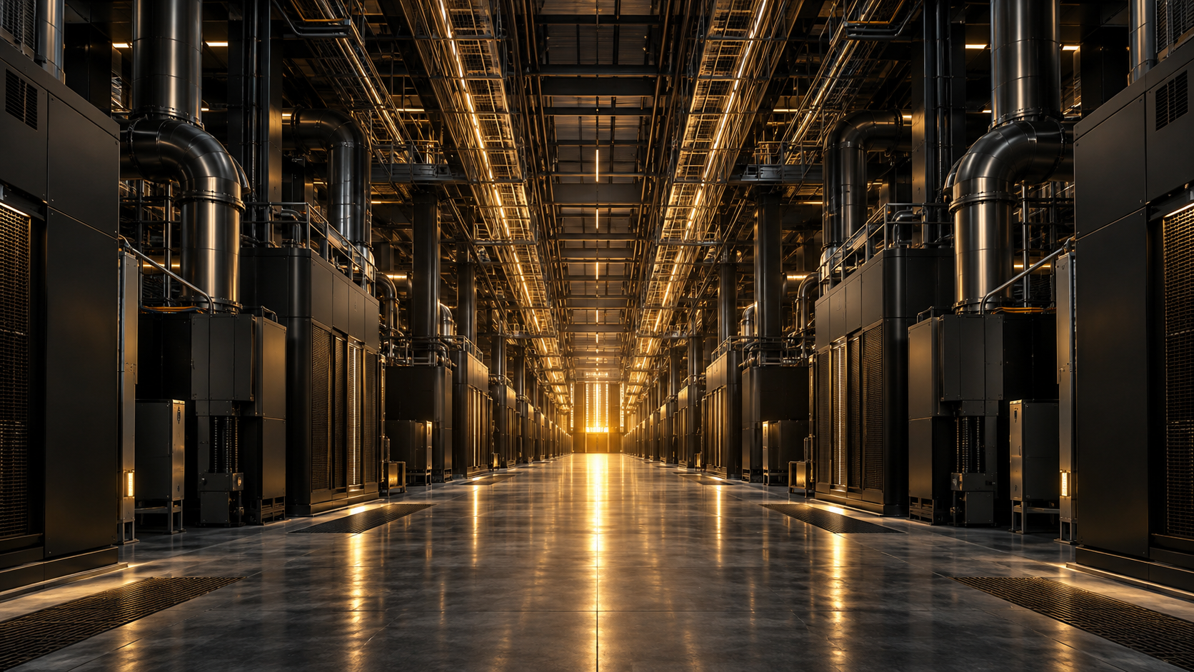 Conceptual view through a precision-engineered industrial infrastructure gallery